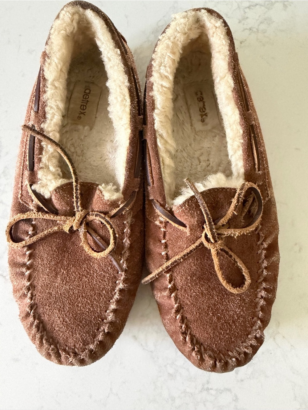 Brown Suede Moccasin Slippers with Faux Shearling Lining